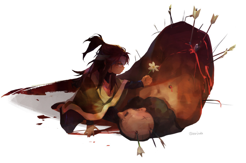 1boy, 1girl, age_difference, arrow_(projectile), arrow_in_body, bandage_over_one_eye, bandages, black_hair