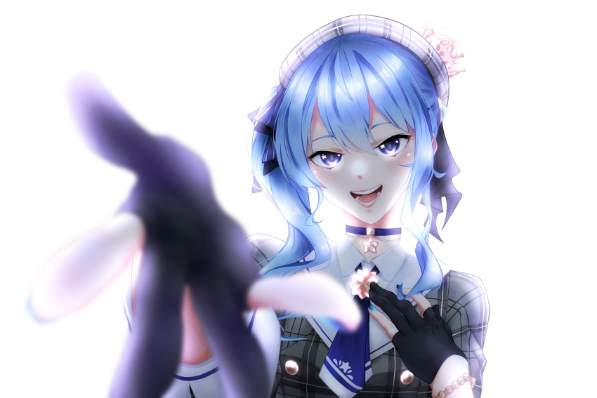 1girl, bangs, beret, black_gloves, blue_bow, blue_hair, bow, buttons, choker, collared_shirt, crown, gloves, goingincognito, grey_jacket, hat, highres, hololive, jacket, medium_hair, partially_fingerless_gloves, plaid, plaid_jacket, plaid_shirt, shirt, side_ponytail, virtual_youtuber