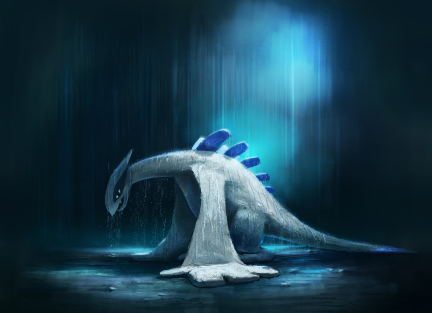 black_eyes, commentary, dekus, fang, from_side, highres, hunched_over, lugia
