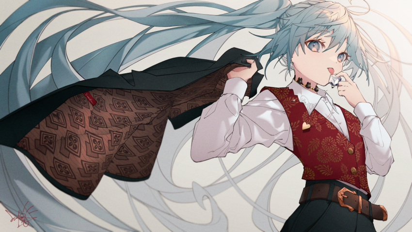 1girl, aqua_eyes, aqua_hair, belt, black_pants, coat, collared_shirt, hatsune_miku
