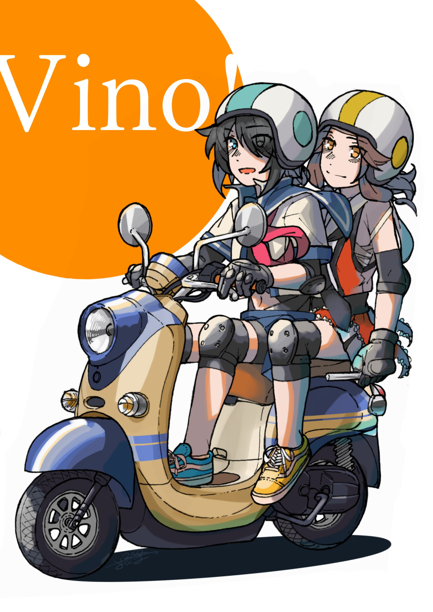 2girls, absurdres, ahoge, bangs, black_gloves, black_hair, blue_sailor_collar, blue_skirt