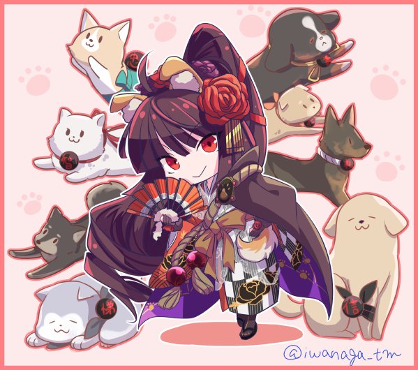 1girl, ahoge, animal, animal_ears, bangs, bernese_mountain_dog, black_footwear, black_gloves