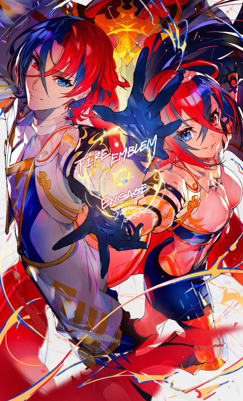 1boy, 1girl, absurdres, alear_(fire_emblem)_(female), alear_(fire_emblem)_(male), blue_hair, dual_persona, fire_emblem