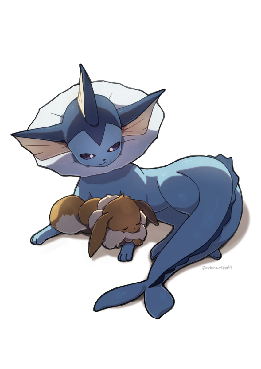 :3, bright_pupils, closed_eyes, closed_mouth, commentary_request, eevee, highres, looking_down, lying, nako_(nekono_shippo75), no_humans, on_stomach, pokemon, pokemon_(creature), smile, vaporeon, white_background, white_pupils