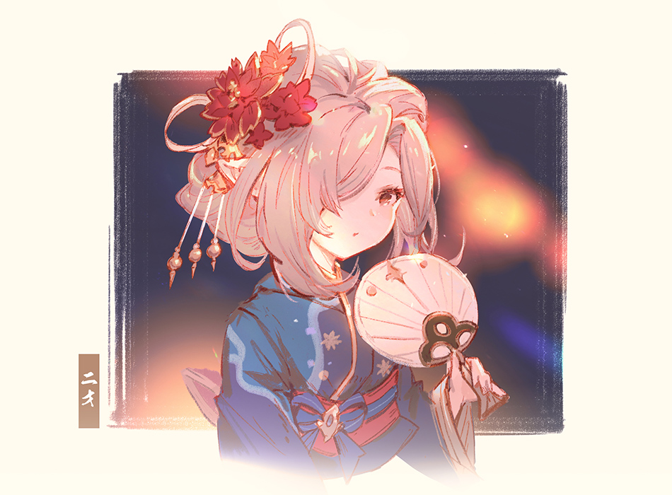1girl, asymmetrical_bangs, bangs, blue_kimono, character_name, flower, granblue_fantasy, grey_hair