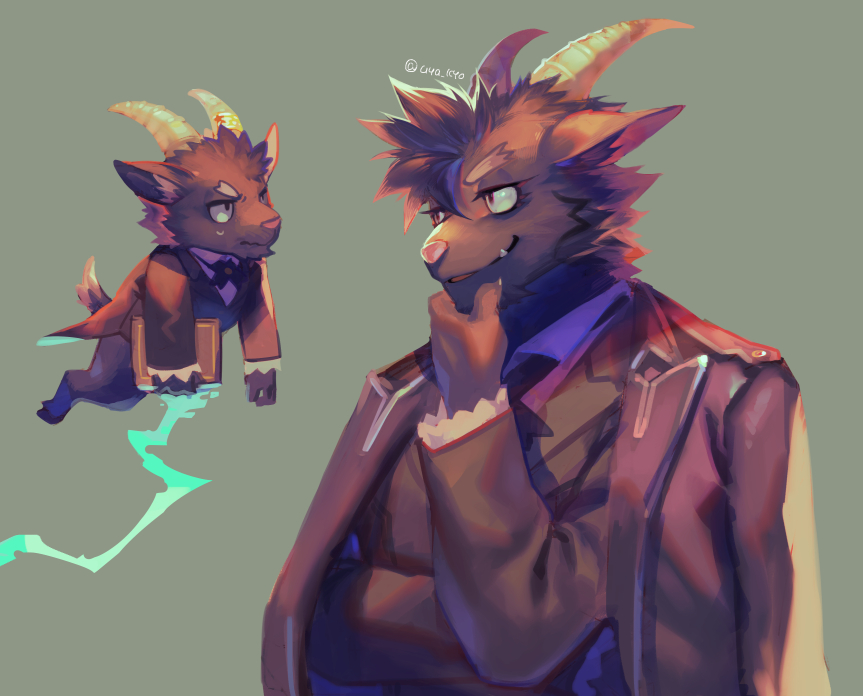 2boys, animal_ears, brown_fur, brown_hair, coat, coat_on_shoulders, collared_shirt, creature
