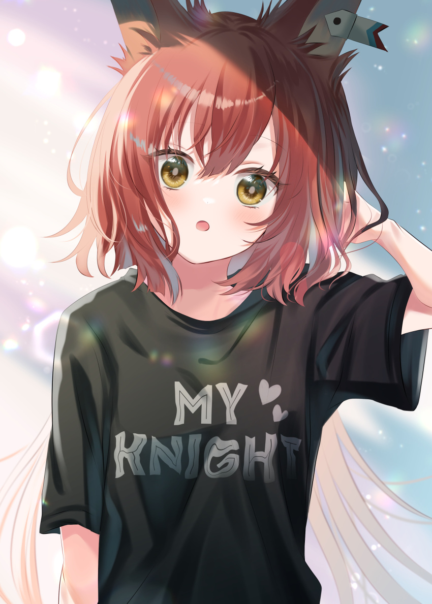 1girl, :o, absurdres, animal_ears, arknights, black_shirt, blush, brown_eyes
