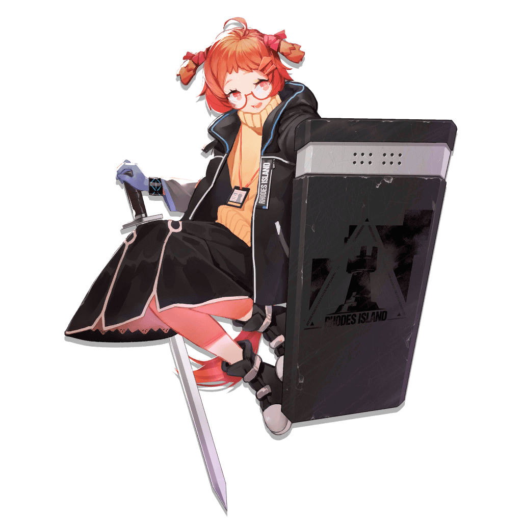 1girl, ahoge, arknights, beagle_(arknights), black_footwear, black_jacket, black_skirt, blue_gloves, boots, full_body, glasses, glint, gloves, hair_ribbon, holding, holding_shield, holding_sword, holding_weapon, id_card, jacket, lanyard, long_sleeves, medium_hair, non-web_source, official_art, orange_eyes, orange_hair, pillarboxed, red-framed_eyewear, red_ribbon, ribbon, semi-rimless_eyewear, shield, simple_background, skirt, solo, source_request, sweater, sword, turtleneck, two_side_up, under-rim_eyewear, weapon, white_background, xiayehongming, yellow_sweater