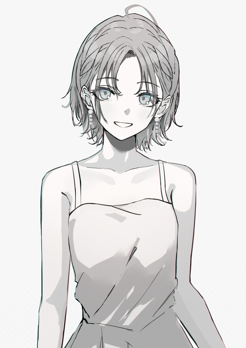 1girl, ahoge, asakura_toru, bangs, bare_arms, bare_shoulders, commentary_request, dress