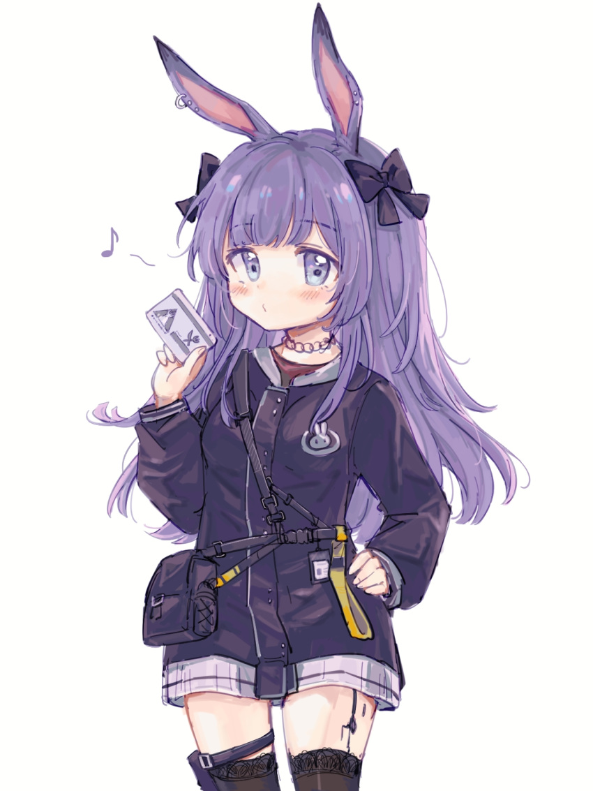 animal_ears, arknights, black_bag, black_bow, black_choker, black_jacket, black_thighhighs, blue_eyes
