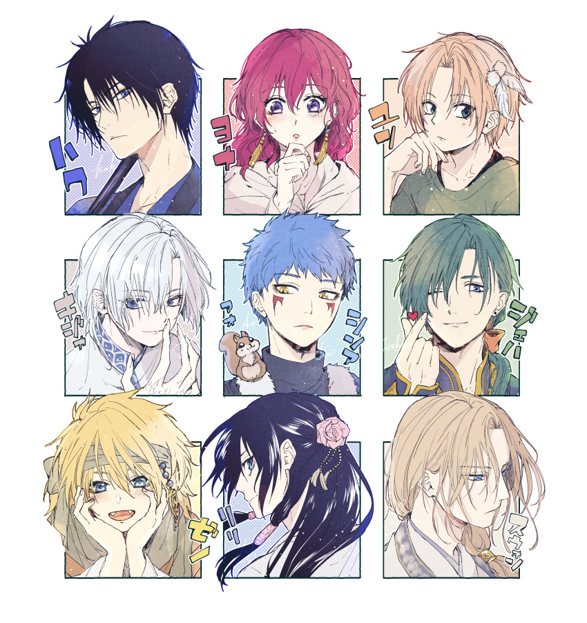 2girls, 6+boys, :d, ;), absurdres, akatsuki_no_yona, an_lili, animal_on_shoulder