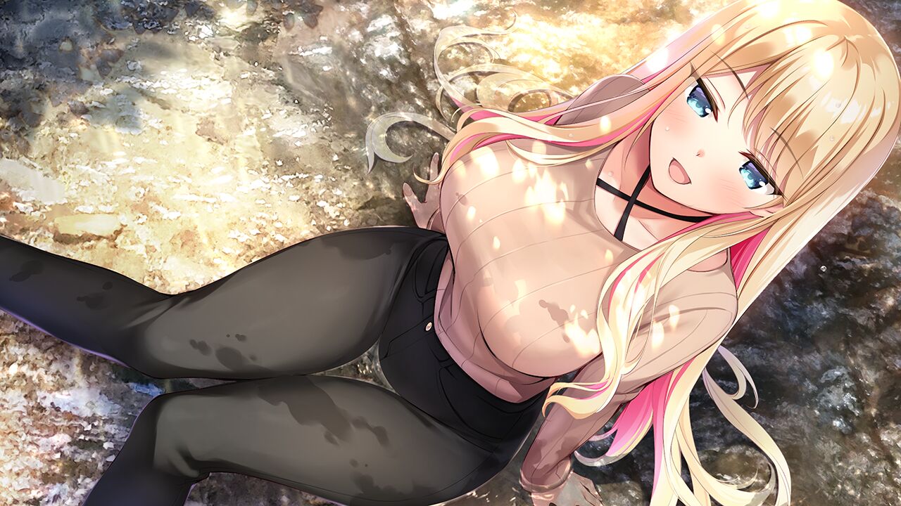 1girl, :d, amaemi-longing_for_you-, bangs, black_pants, blonde_hair, blue_eyes, blush