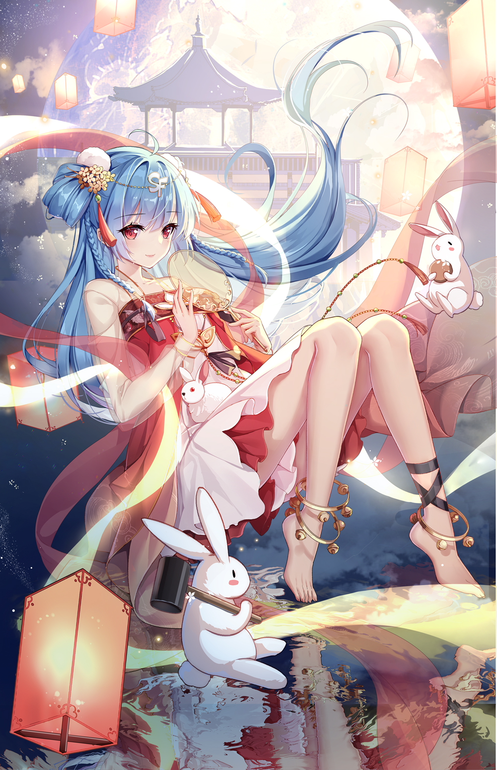 1girl, ahoge, ankle_strap, anklet, bangs, barefoot, blue_hair, blunt_bangs