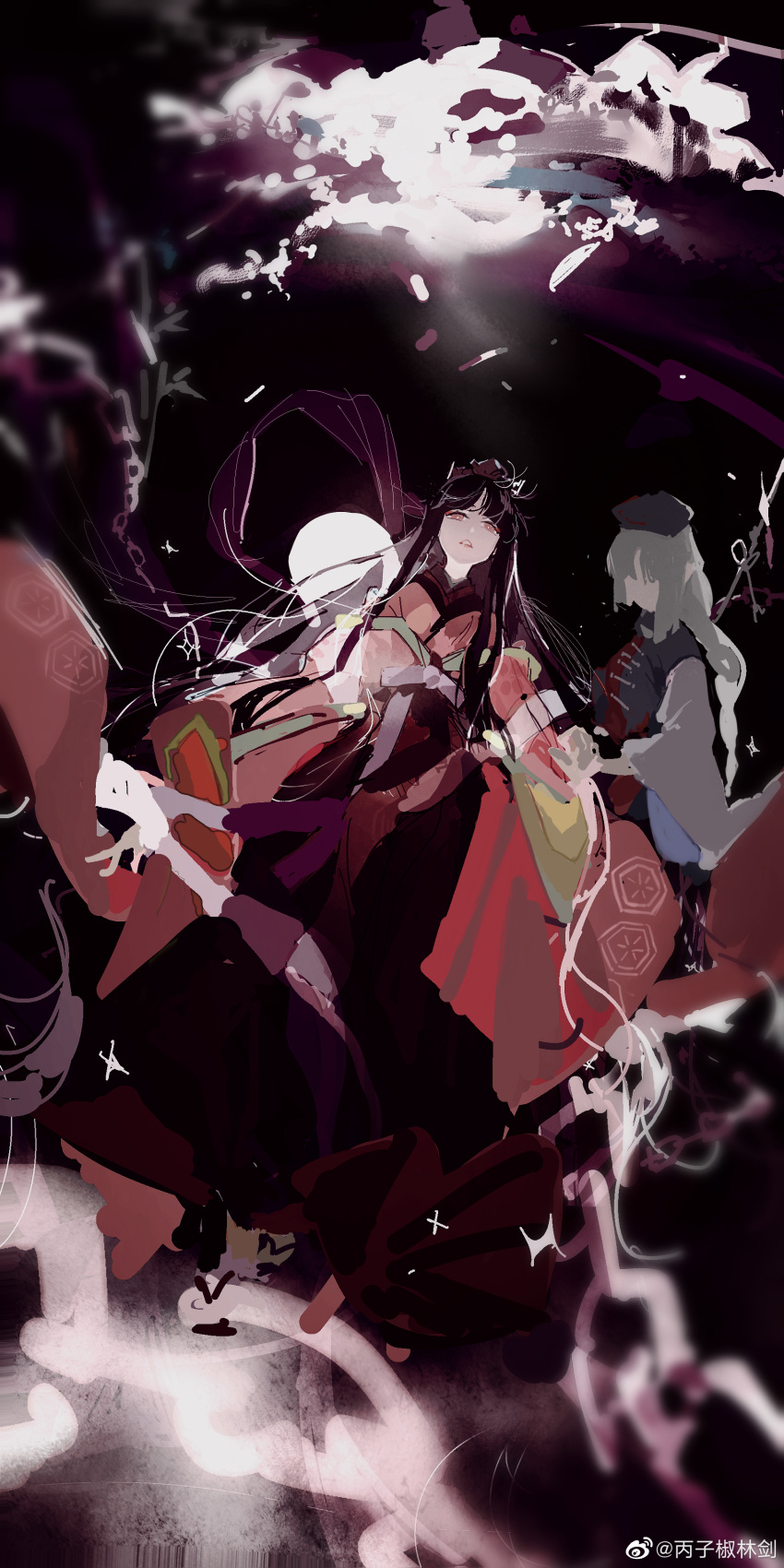2girls, absurdres, bangs, black_hair, blue_dress, blue_headwear, blunt_bangs, chinese_commentary, commentary_request, dress, faceless, faceless_female, grey_hair, gu_yue_yuan, hagoromo, hat, highres, houraisan_kaguya, japanese_clothes, kimono, long_hair, long_sleeves, multiple_girls, nurse_cap, pink_eyes, pink_kimono, red_dress, red_skirt, shawl, sketch, skirt, tiara, touhou, triangle_mouth, two-tone_dress, very_long_hair, weibo_logo, weibo_username, wide_sleeves, yagokoro_eirin