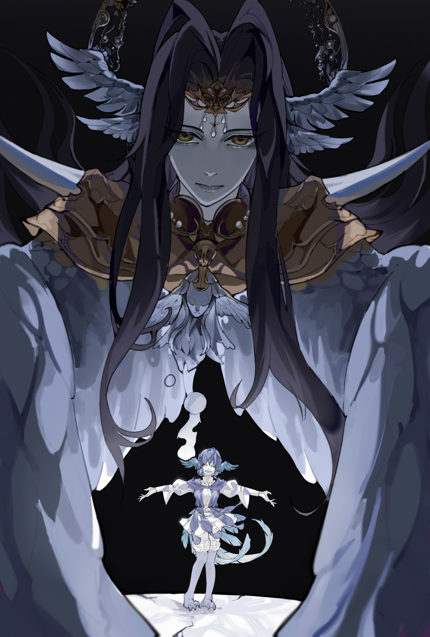 2girls, ^_^, ^o^, absurdres, bangs, bird_girl, bird_legs, bird_tail, bird_wings, black_background, black_hair, blue_capelet, blue_hair, capelet, circlet, closed_eyes, collared_dress, colored_skin, dress, expressionless, eyes_visible_through_hair, facing_viewer, feathered_wings, final_fantasy, final_fantasy_xiv, full_body, giant, giantess, grey_lips, grey_skin, halo, head_wings, highres, juliet_sleeves, knees_together_feet_apart, long_hair, long_sleeves, looking_at_viewer, meteion, monster_girl, multiple_girls, multiple_wings, no_torso, outstretched_arms, puffy_sleeves, quanzai201, short_hair, simple_background, size_difference, smile, spoilers, spread_arms, standing, tail, talons, the_endsinger, white_dress, wing_hug, wings, yellow_eyes