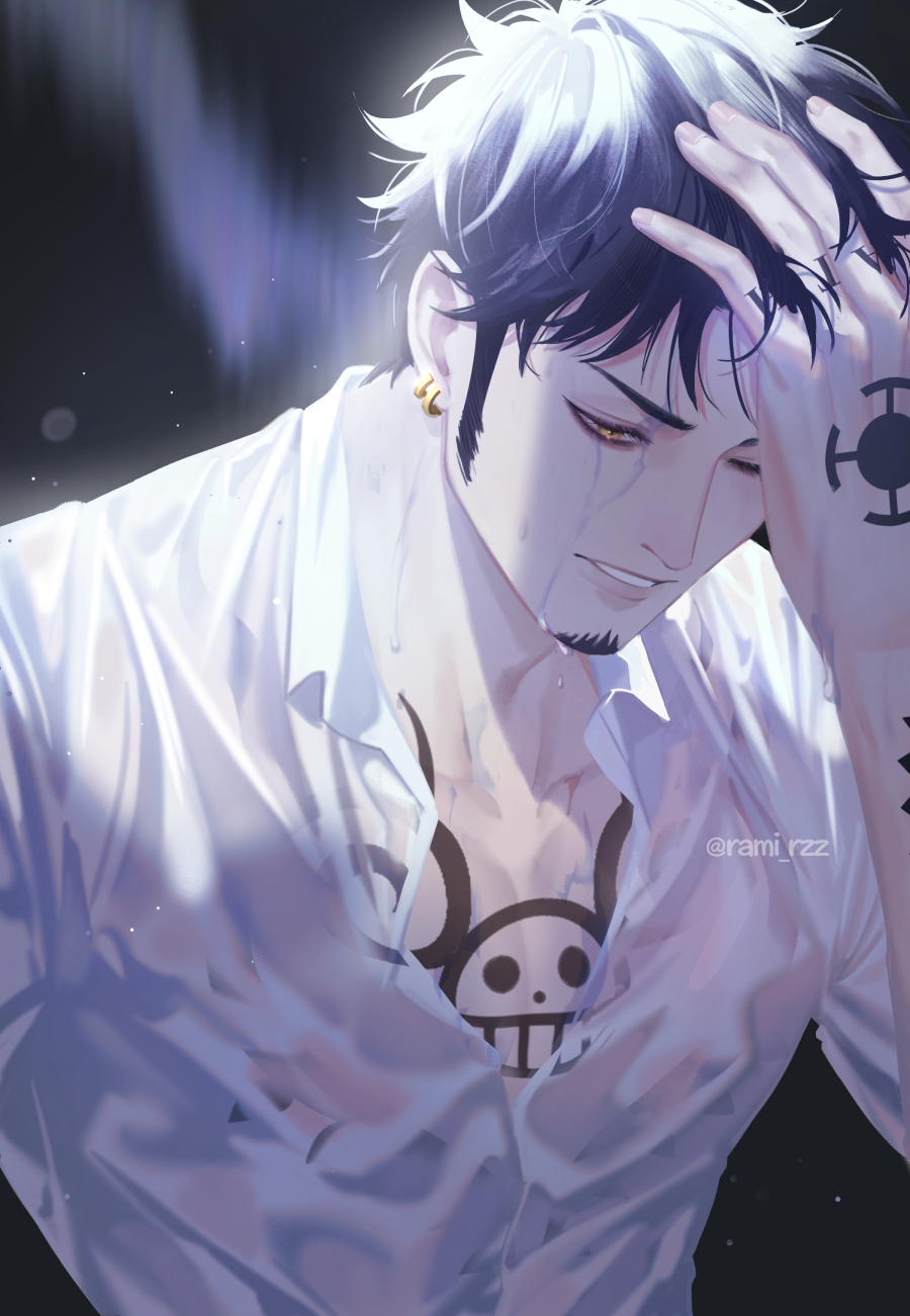 1boy, black_background, black_hair, earrings, facial_hair, goatee, hand_on_own_face, hat