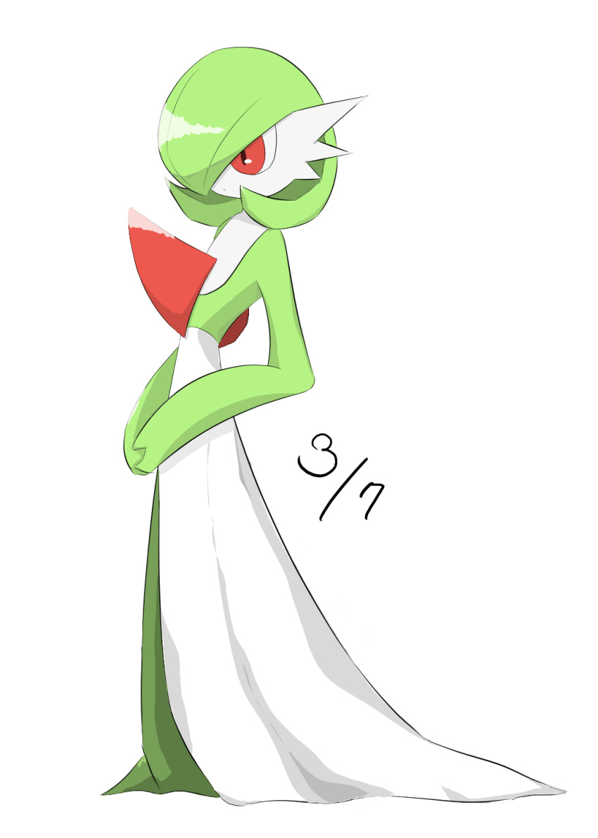 1girl, bangs, bob_cut, closed_mouth, colored_skin, commentary, dated, flat_chest, from_side, full_body, gardevoir, gardevoir_day, green_hair, green_skin, hai_(gardevoirrr), hair_over_one_eye, highres, multicolored_skin, one_eye_covered, own_hands_together, pokemon, pokemon_(creature), red_eyes, shiny, shiny_hair, short_hair, simple_background, solo, standing, two-tone_skin, white_background, white_skin