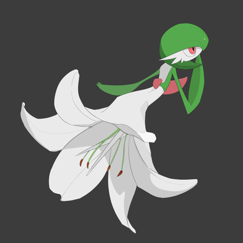 1girl, bangs, bob_cut, colored_skin, commentary, flower, from_behind, full_body, gardevoir, green_hair, green_skin, grey_background, hai_(gardevoirrr), hand_to_own_mouth, hand_up, highres, legs, lily_(flower), looking_up, multicolored_skin, pokemon, pokemon_(creature), red_eyes, short_hair, simple_background, sketch, solo, two-tone_skin, upskirt, white_flower, white_skin