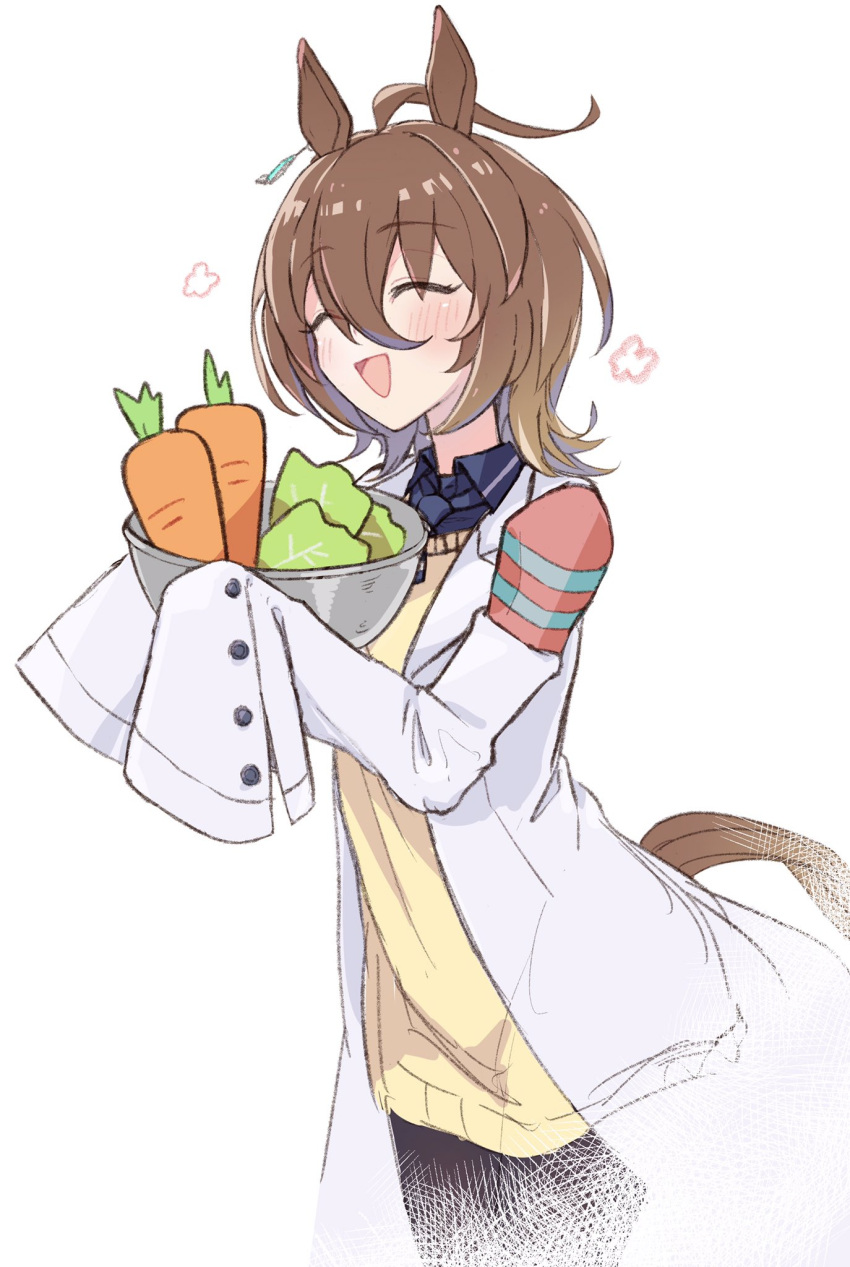 1girl, agnes_tachyon_(umamusume), ahoge, animal_ears, bangs, blush, bowl, brown_hair, carrot, closed_eyes, collared_shirt, earrings, hair_between_eyes, highres, holding, holding_bowl, horse_ears, horse_girl, horse_tail, jewelry, labcoat, lettuce, mocha_(mochaxgm), open_mouth, shirt, short_hair, single_earring, sleeves_past_fingers, sleeves_past_wrists, solo, sweater, tail, umamusume, upper_body, white_background, yellow_sweater