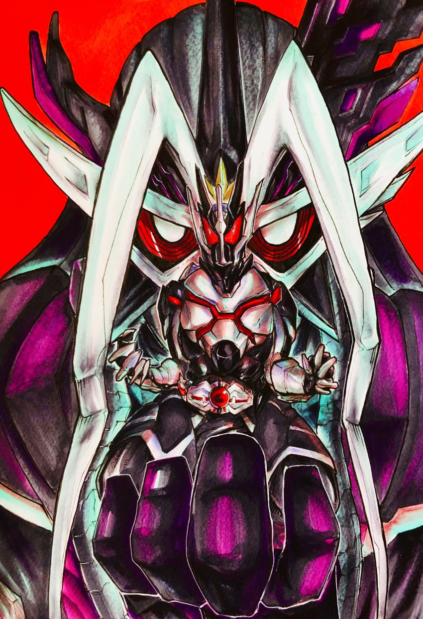2boys, alternate_costume, ark_driver, black_bodysuit, bodysuit, creator_connection, driver_(kamen_rider), glowing