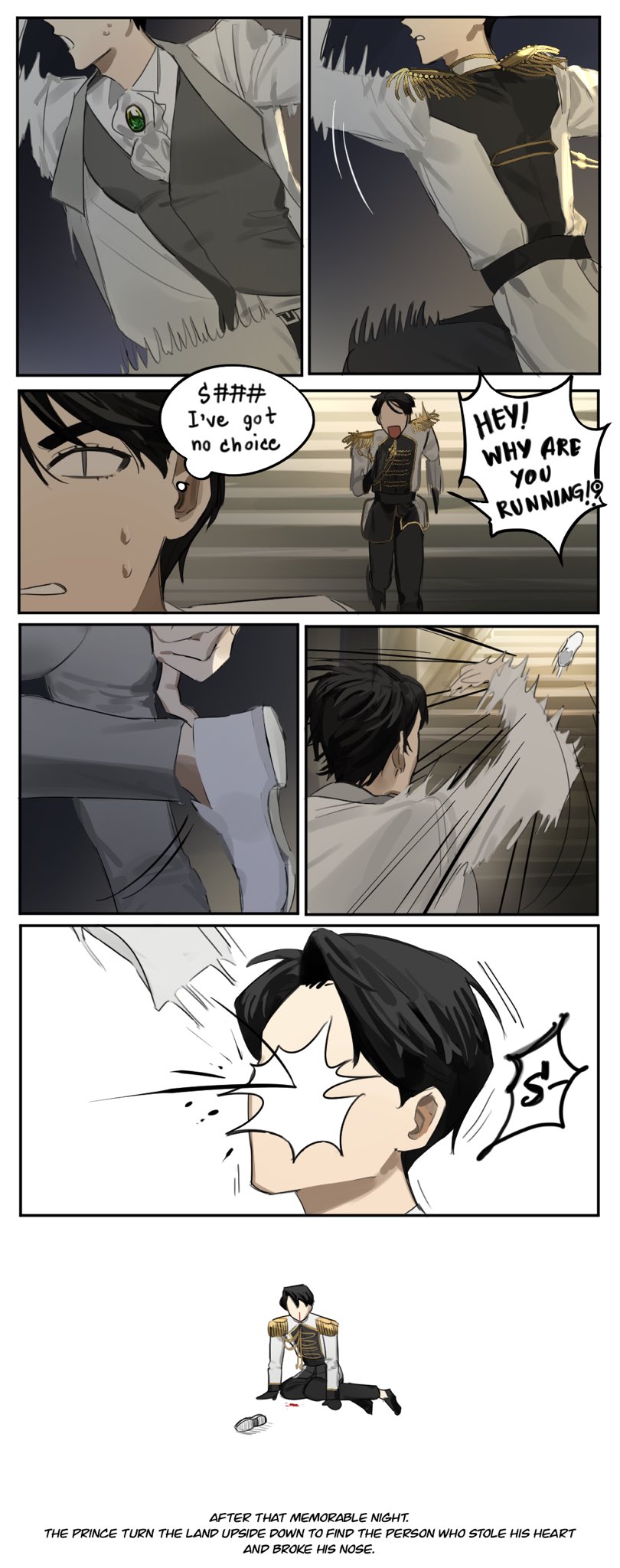 2boys, black_hair, blood, brooch, chasing, cinderella, commentary, dok-ja_kim