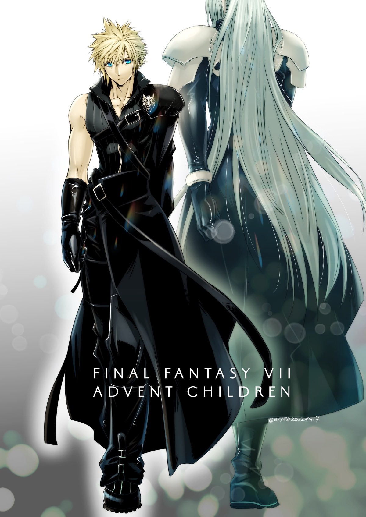 2boys, aiz00, aqua_eyes, armor, black_footwear, black_gloves, black_jacket, black_pants
