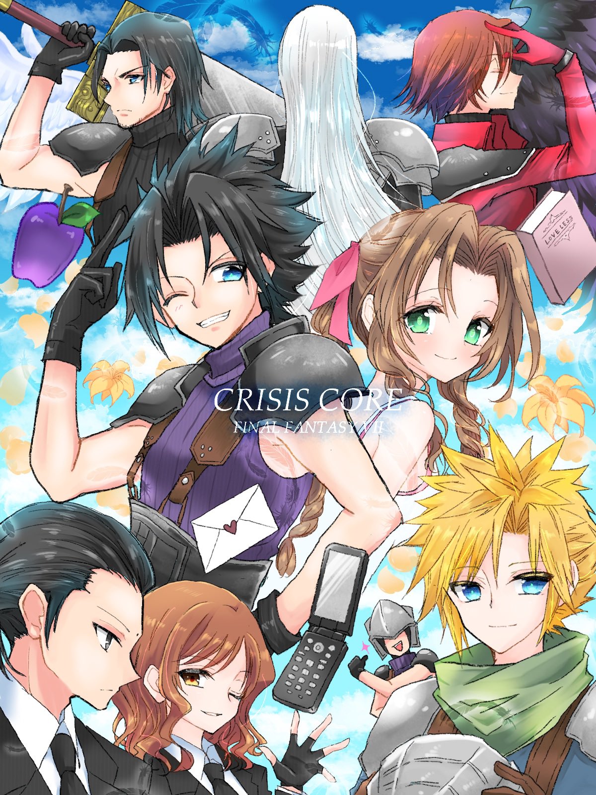 2girls, 6+boys, aerith_gainsborough, angeal_hewley, apple, armor, back-to-back, bangs, belt, bindi, black_gloves, black_jacket, black_necktie, black_wings, blonde_hair, blue_shirt, blush, book, braid, braided_ponytail, brown_eyes, brown_hair, buster_sword, cellphone, cissnei, closed_eyes, cloud_strife, clouds, cloudy_sky, collared_shirt, covered_eyes, crisis_core_final_fantasy_vii, dress, envelope, facial_hair, falling_feathers, feathered_wings, final_fantasy, final_fantasy_vii, fingerless_gloves, flip_phone, flower, food, fruit, genesis_rhapsodos, gloves, green_eyes, green_scarf, grey_eyes, grey_hair, grey_shirt, greyscale, grin, hair_between_eyes, hair_ribbon, hand_in_own_hair, helmet, helmet_over_eyes, highres, holding, holding_helmet, holding_sword, holding_weapon, jacket, kira0902, kunsel, long_hair, long_sleeves, looking_at_viewer, looking_to_the_side, medium_hair, monochrome, multiple_boys, multiple_girls, necktie, one_eye_closed, open_mouth, over_shoulder, parted_bangs, parted_lips, phone, pink_ribbon, pointing, ponytail, red_gloves, red_jacket, ribbon, scarf, sephiroth, shirt, short_hair, shoulder_armor, sideburns, sidelocks, single_wing, sky, sleeveless, sleeveless_dress, sleeveless_turtleneck, smile, sparkle, spiky_hair, suit_jacket, suspenders, sword, thumbs_up, tseng, turtleneck, upper_body, wavy_hair, weapon, weapon_over_shoulder, white_dress, white_shirt, white_wings, wings, yellow_flower, zack_fair