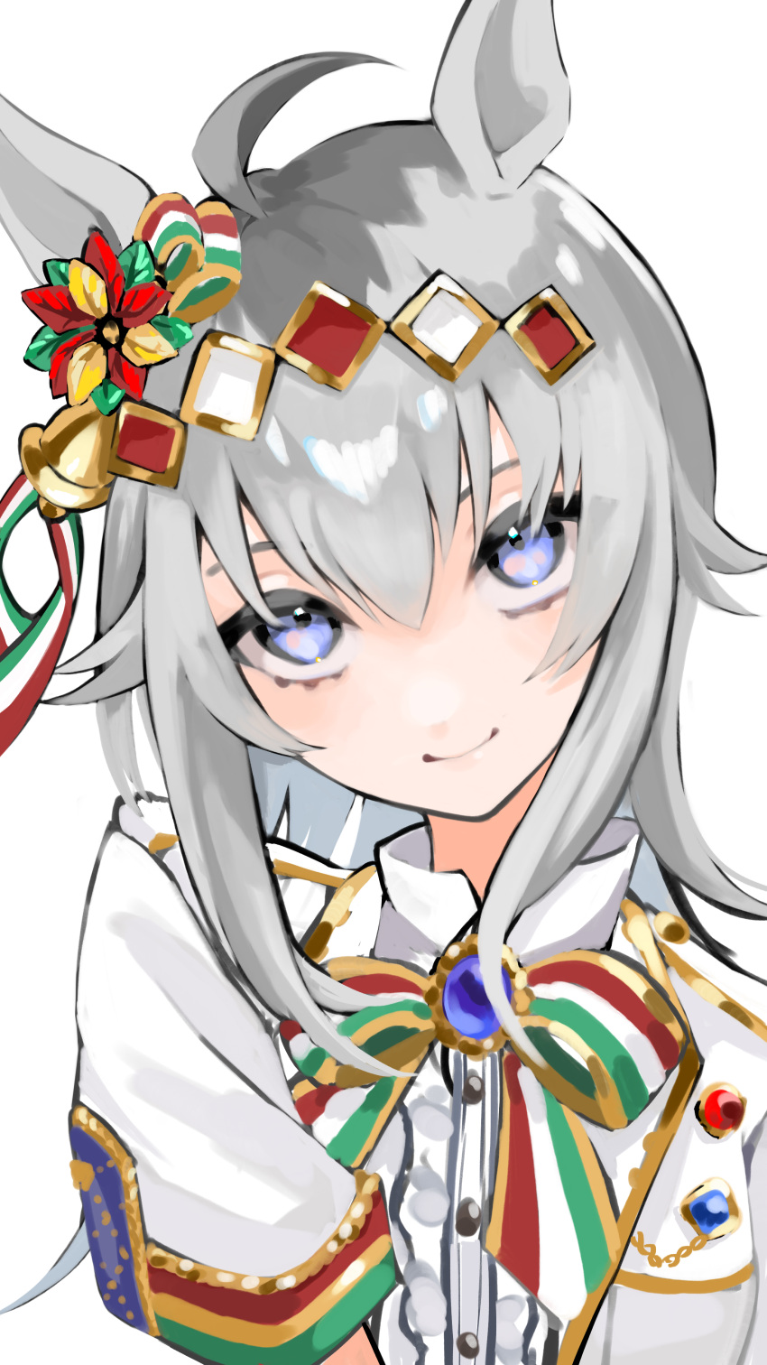 absurdres, ahoge, animal_ears, bell, blue_eyes, bow, christmas, ear_bow, ear_ornament, hair_between_eyes, hair_ornament, highres, horse_ears, horse_girl, jacket, jingle_bell, long_hair, looking_at_viewer, miracles_of_the_holy_night_(umamusume), multicolored_bow, oguri_cap_(miraculous_white_star)_(umamusume), oguri_cap_(umamusume), sirius_kae, smile, umamusume, white_background, white_jacket