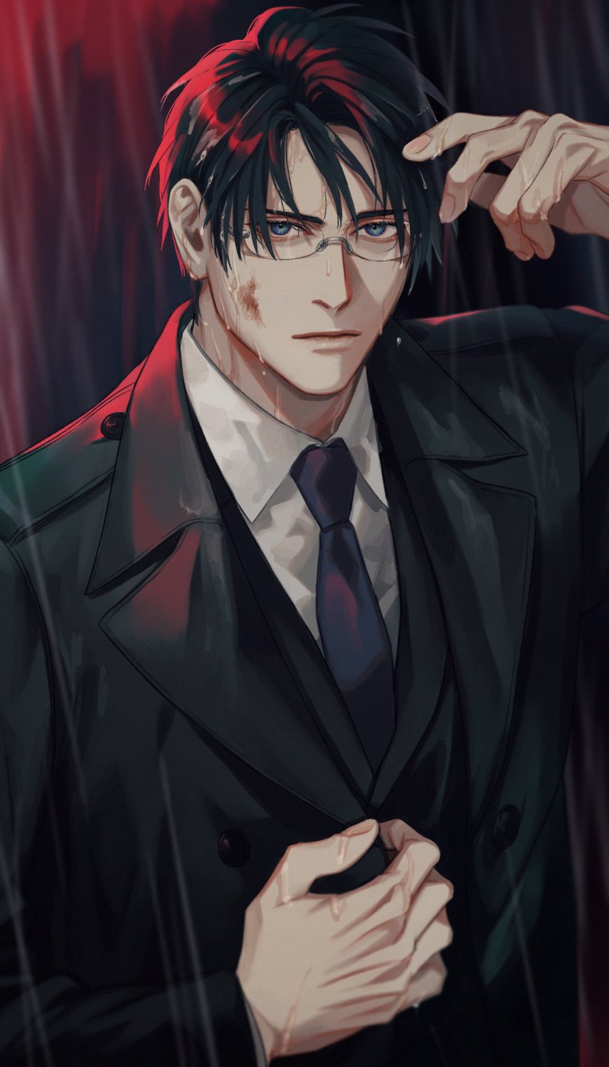 1boy, black_hair, black_jacket, black_suit, blood, blood_on_face, blue_eyes, blue_necktie