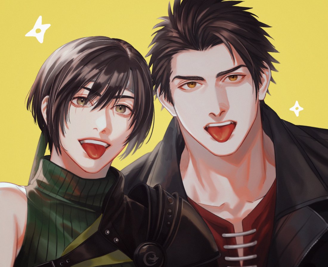 1boy, 1girl, armor, bare_shoulders, black_hair, black_jacket, boooshow, brown_eyes