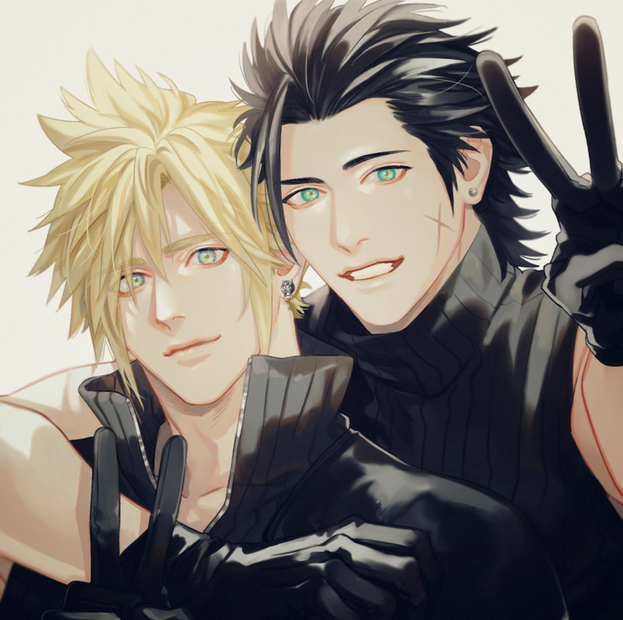 2boys, aqua_eyes, arm_around_neck, armor, bare_shoulders, black_gloves, black_hair, black_shirt, blonde_hair, boooshow, cloud_strife, earrings, final_fantasy, final_fantasy_vii, final_fantasy_vii_advent_children, gloves, grin, hair_between_eyes, hair_slicked_back, high_collar, jewelry, looking_at_viewer, male_focus, multiple_boys, open_collar, scar, scar_on_cheek, scar_on_face, shirt, short_hair, shoulder_armor, sideburns, single_earring, single_sleeve, sleeveless, sleeveless_shirt, sleeveless_turtleneck, smile, spiky_hair, teeth, turtleneck, upper_body, v, white_background, zack_fair