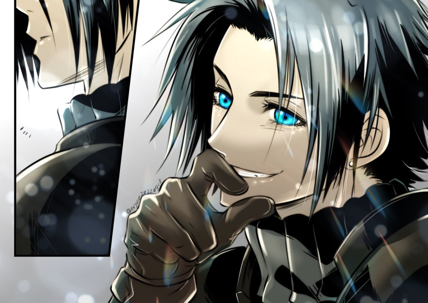1boy, aiz00, aqua_eyes, armor, bangs, black_hair, brown_gloves, close-up, crisis_core_final_fantasy_vii, earrings, final_fantasy, final_fantasy_vii, gloves, grin, hand_to_own_mouth, jewelry, male_focus, multiple_views, parted_bangs, parted_lips, short_hair, shoulder_armor, single_earring, smile, solo, teeth, turtleneck, twitter_username, upper_body, zack_fair