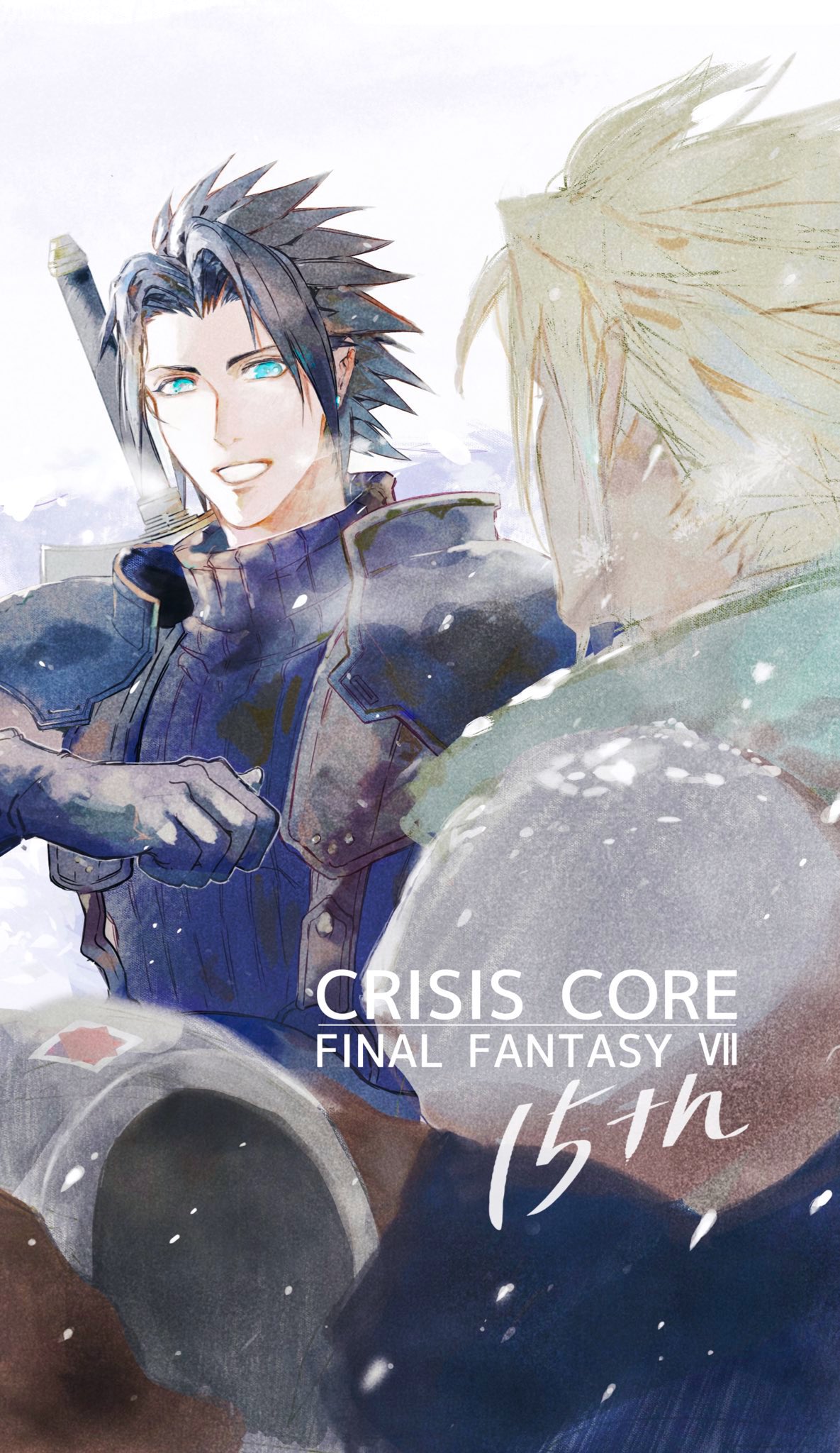 2b_fff, 2boys, aqua_eyes, armor, bangs, black_gloves, black_hair, blonde_hair, blue_shirt, brown_gloves, cloud_strife, crisis_core_final_fantasy_vii, facing_another, final_fantasy, final_fantasy_vii, gloves, green_scarf, grin, helmet, highres, holding, holding_helmet, male_focus, multiple_boys, outdoors, parted_bangs, scarf, shirt, short_hair, shoulder_armor, sleeveless, sleeveless_turtleneck, smile, snow, snowing, spiky_hair, suspenders, sword, teeth, turtleneck, upper_body, weapon, weapon_on_back, zack_fair