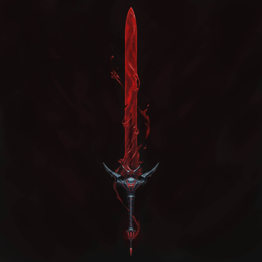 black_background, blood, blood_on_weapon, crystal, fantasy, gem, glowing, glowing_sword, glowing_weapon, highres, kamikaziteddy, liquid, liquid_weapon, no_humans, original, simple_background, sword, weapon