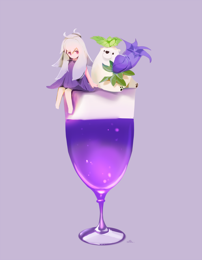 1girl, ahoge, animal, arm_at_side, bangs, barefoot, bear, chai_(drawingchisanne), commentary, cup, dress, drink, flower, grey_hair, holding, knees_together_feet_apart, long_bangs, long_hair, looking_at_another, mint, original, polar_bear, purple_background, purple_dress, purple_flower, signature, simple_background, sitting, solo