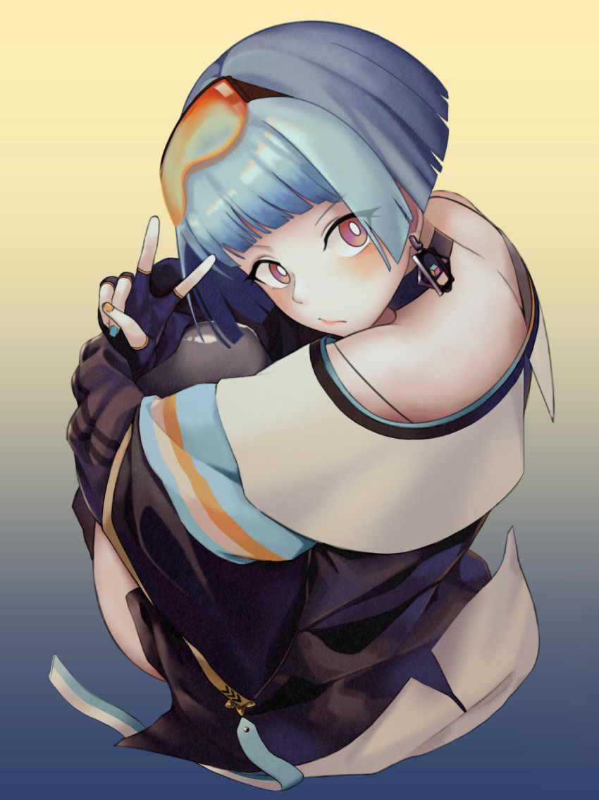 1girl, absurdres, back, bare_shoulders, black_choker, blue_hair, choker, earrings