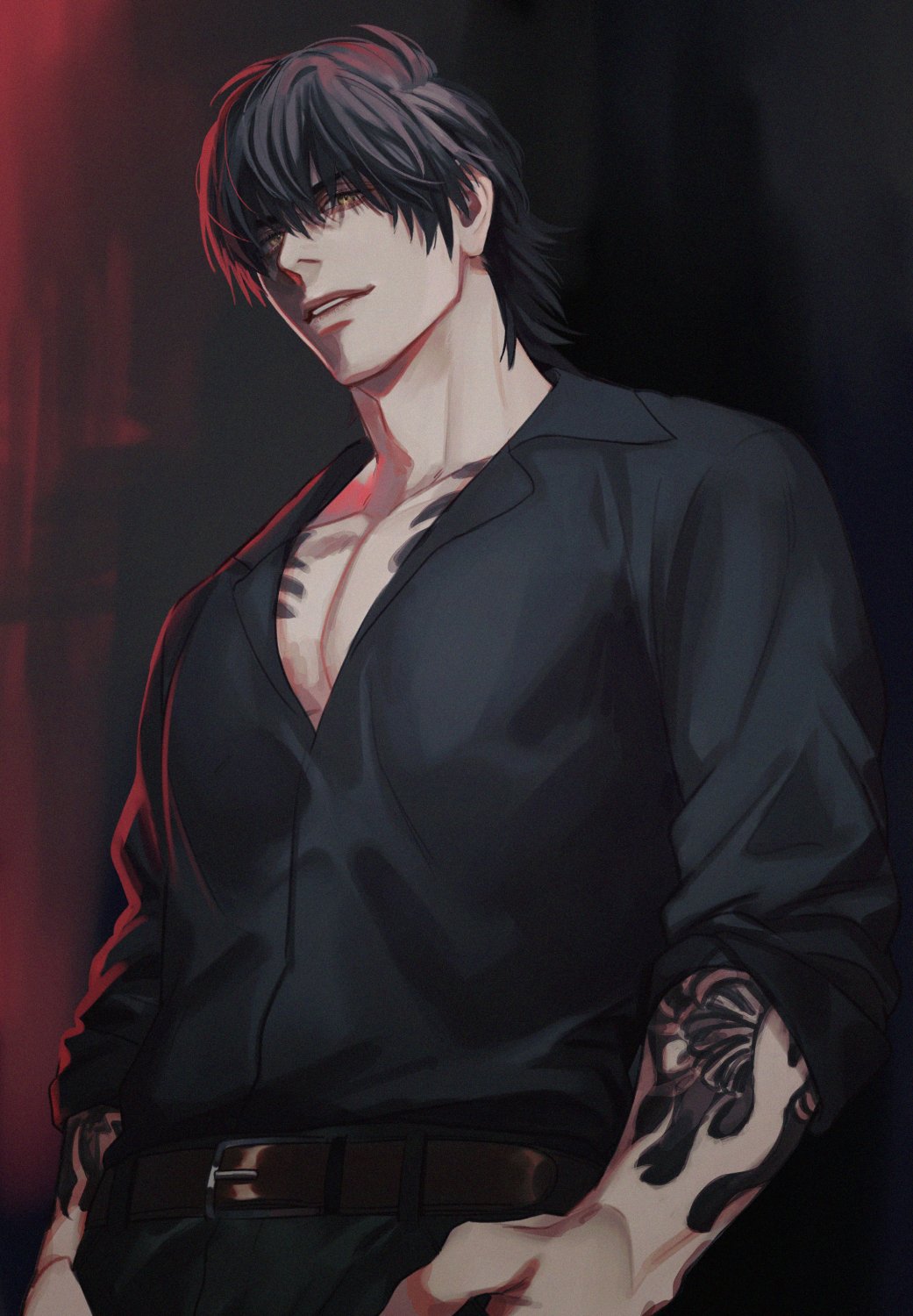 1boy, arm_tattoo, belt, belt_buckle, black_hair, black_shirt, boooshow, buckle