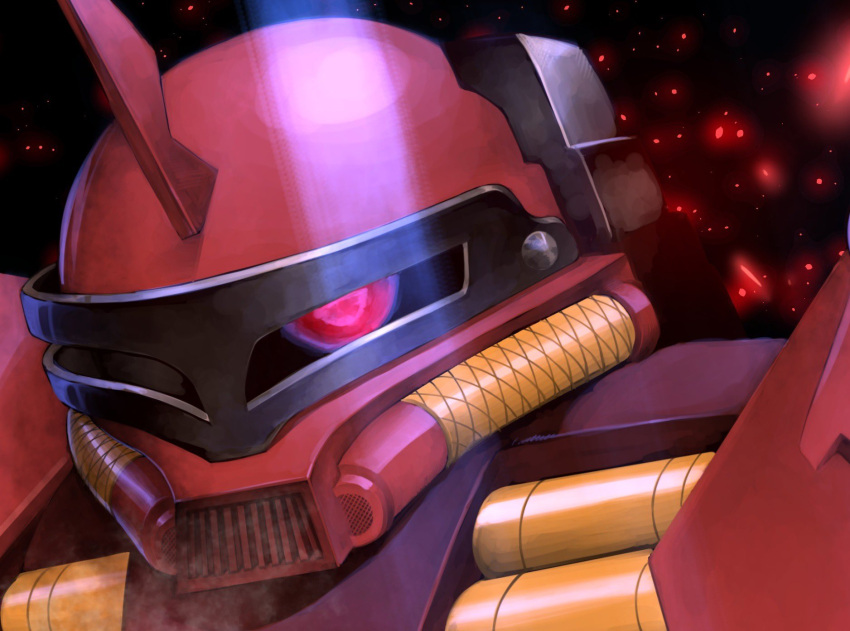 black_background, embers, gundam, highres, looking_at_viewer, mecha, one-eyed, portrait, red_eyes, robot, science_fiction, sd_gundam, sd_gundam_force, solo, uesugi_hikaru, zapper_zaku