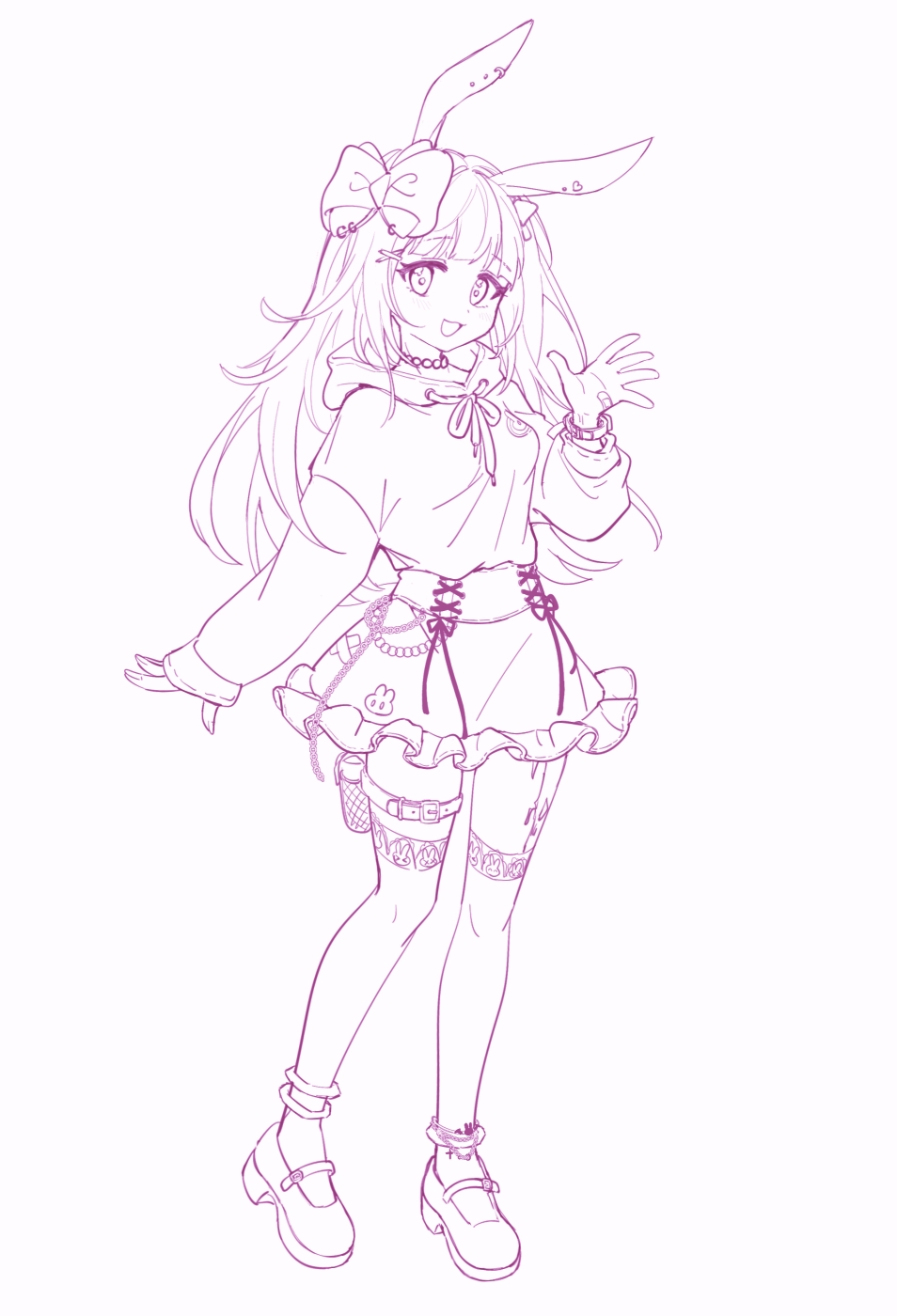 1girl, :d, animal_ears, arknights, bangs, bow, frilled_skirt, frills