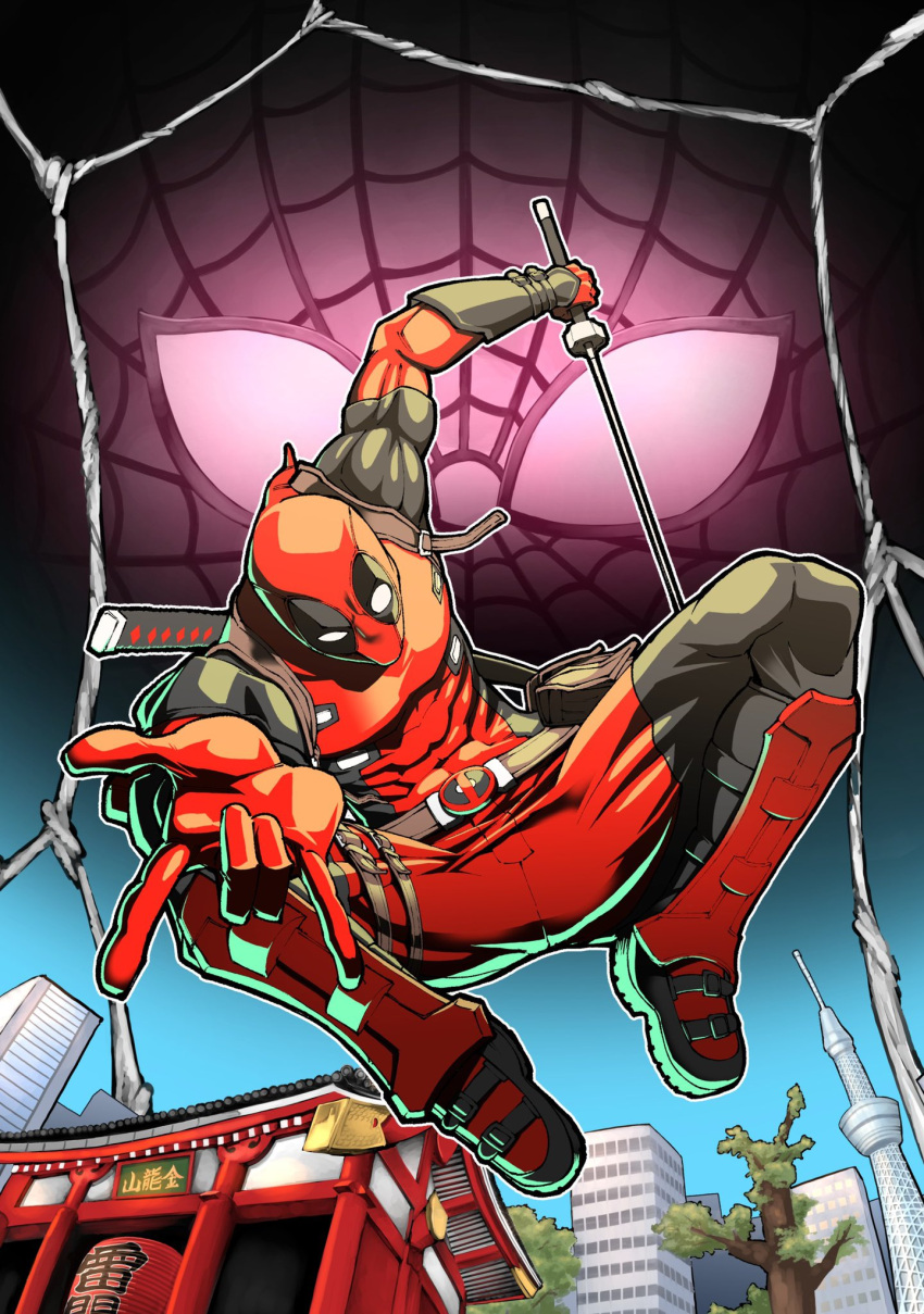 1boy, abs, airborne, bodysuit, deadpool, highres, holding, holding_sword