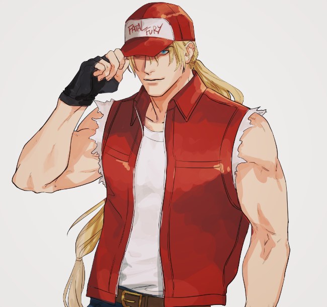 1boy, adjusting_clothes, adjusting_headwear, bare_arms, baseball_cap, belt, belt_buckle, black_gloves