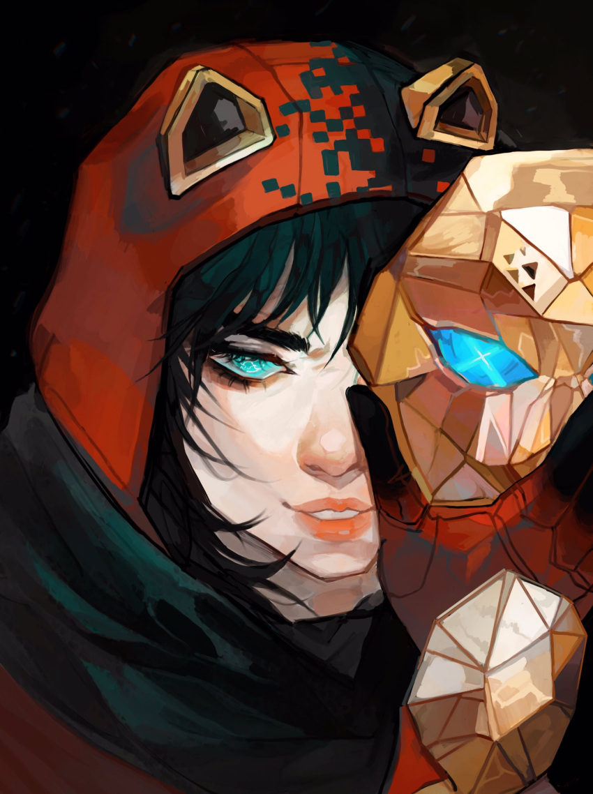 1girl, animification, apex_legends, bangs, black_background, black_scarf, blue_eyes, cat_mask