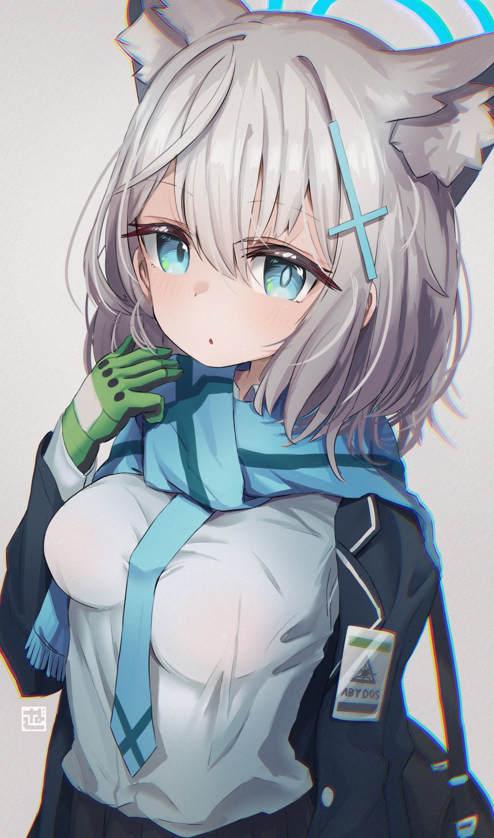 1girl, animal_ear_fluff, animal_ears, bag, bangs, black_jacket, black_skirt, blue_archive