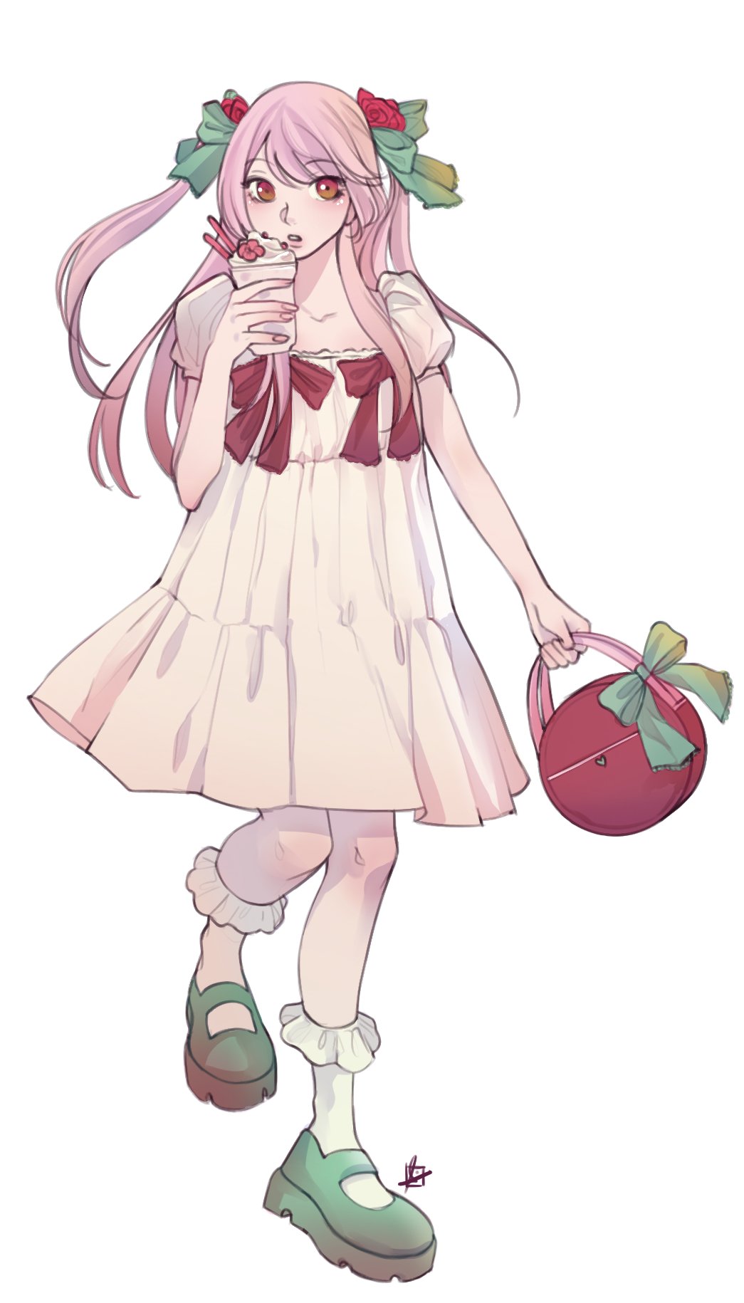 1girl, bag, bangs, blush, bow, brown_eyes, cup, dress