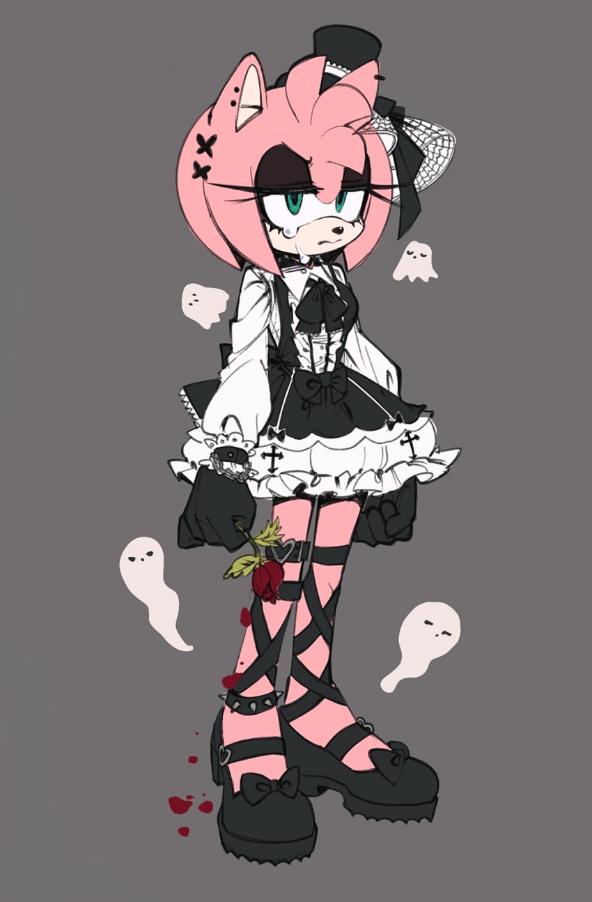 1girl, 3mia_hadi3, amy_rose, animal_ears, animal_nose, boots, dress, frills