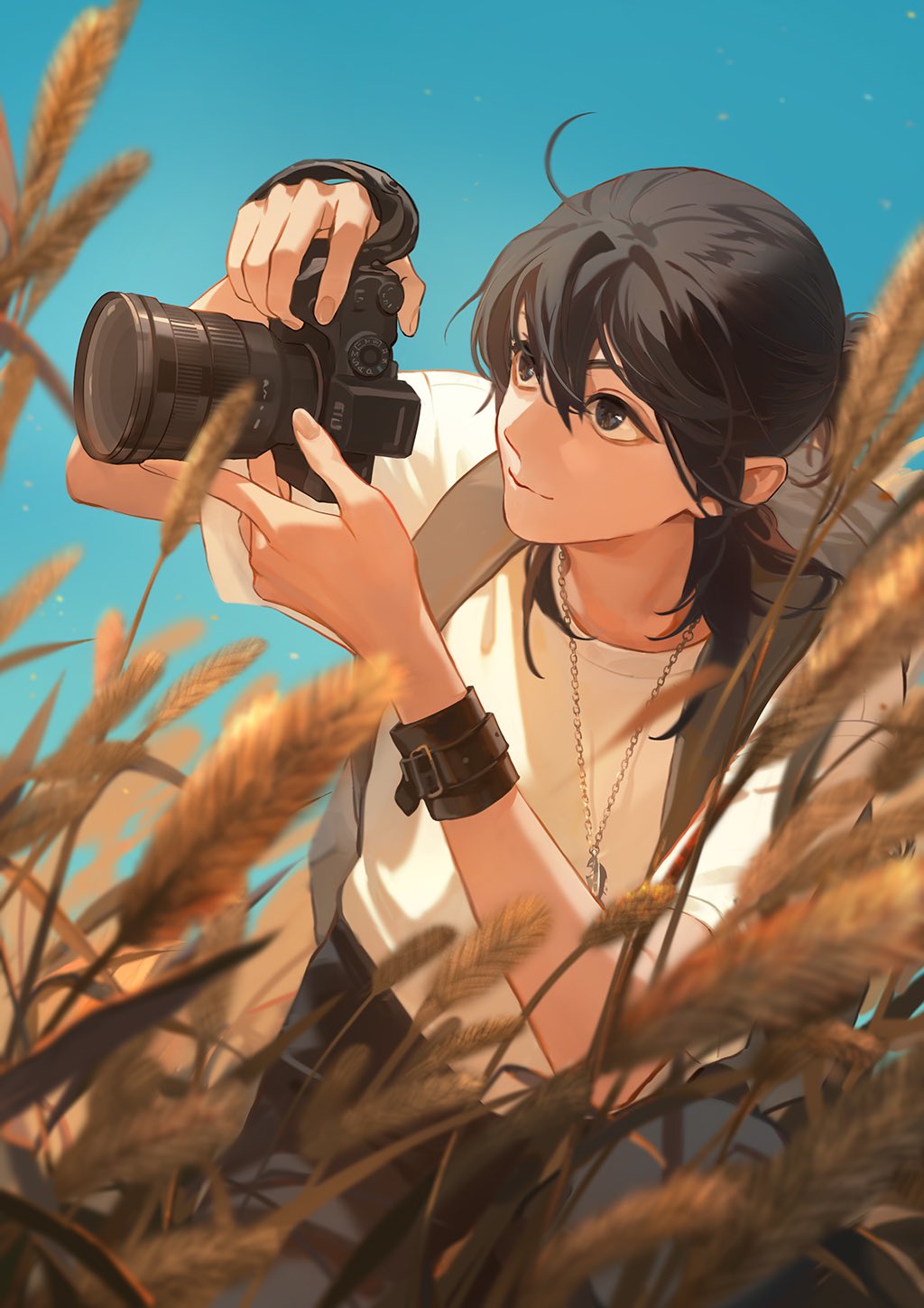 1girl, backpack, bag, black_hair, blue_eyes, blue_sky, camera, highres