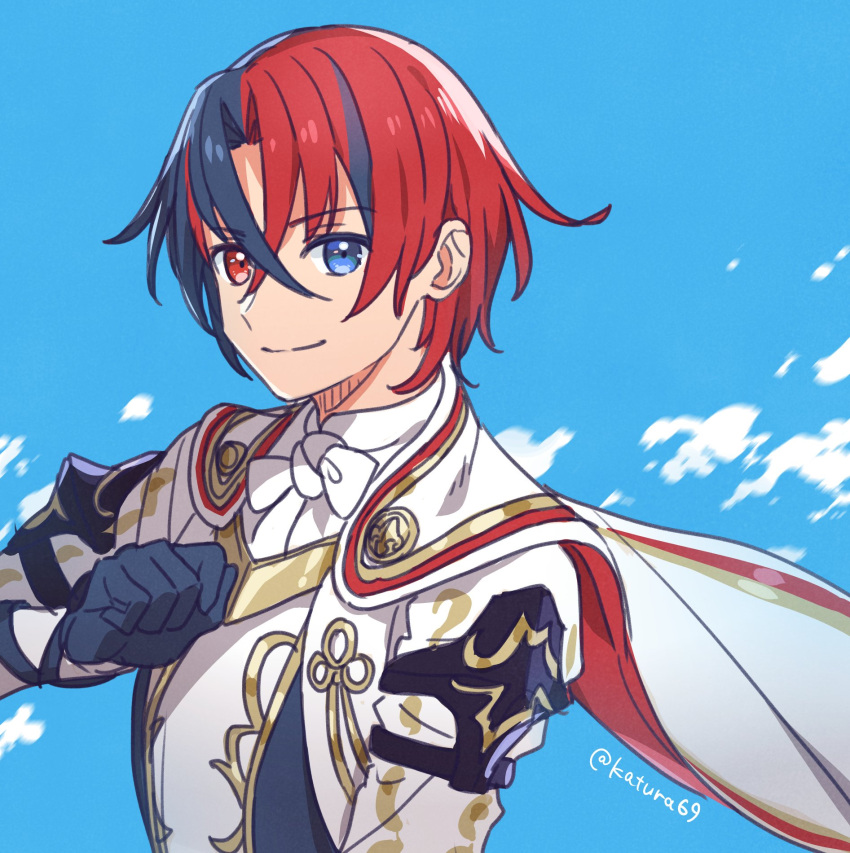 1boy, alear_(fire_emblem)_(male), bangs, cape, crossed_bangs, fire_emblem_engage, hair_between_eyes, heterochromia