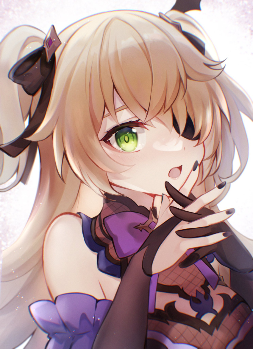 1girl, bangs, banned_artist, bare_shoulders, black_gloves, black_nails, black_ribbon, blonde_hair, crossed_fingers, detached_sleeves, eyepatch, fischl_(genshin_impact), genshin_impact, gloves, green_eyes, hair_ribbon, highres, long_hair, looking_at_viewer, open_mouth, ribbon, shiki_(shiki1230), solo, twintails, upper_body