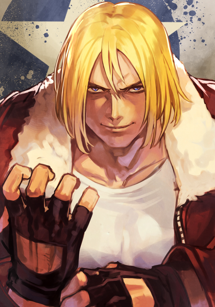 1boy, adjusting_clothes, adjusting_gloves, black_gloves, blonde_hair, blue_eyes, brown_coat, clenched_hand, coat, collarbone, fatal_fury, fingerless_gloves, garou:_mark_of_the_wolves, gloves, hair_between_eyes, hankuri, long_sleeves, looking_at_viewer, male_focus, shirt, short_hair, smile, solo, star_(symbol), terry_bogard, white_shirt