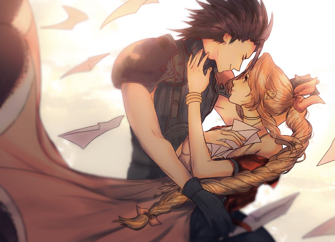 1boy, 1girl, aerith_gainsborough, armor, bare_shoulders, black_hair, bracelet, braid